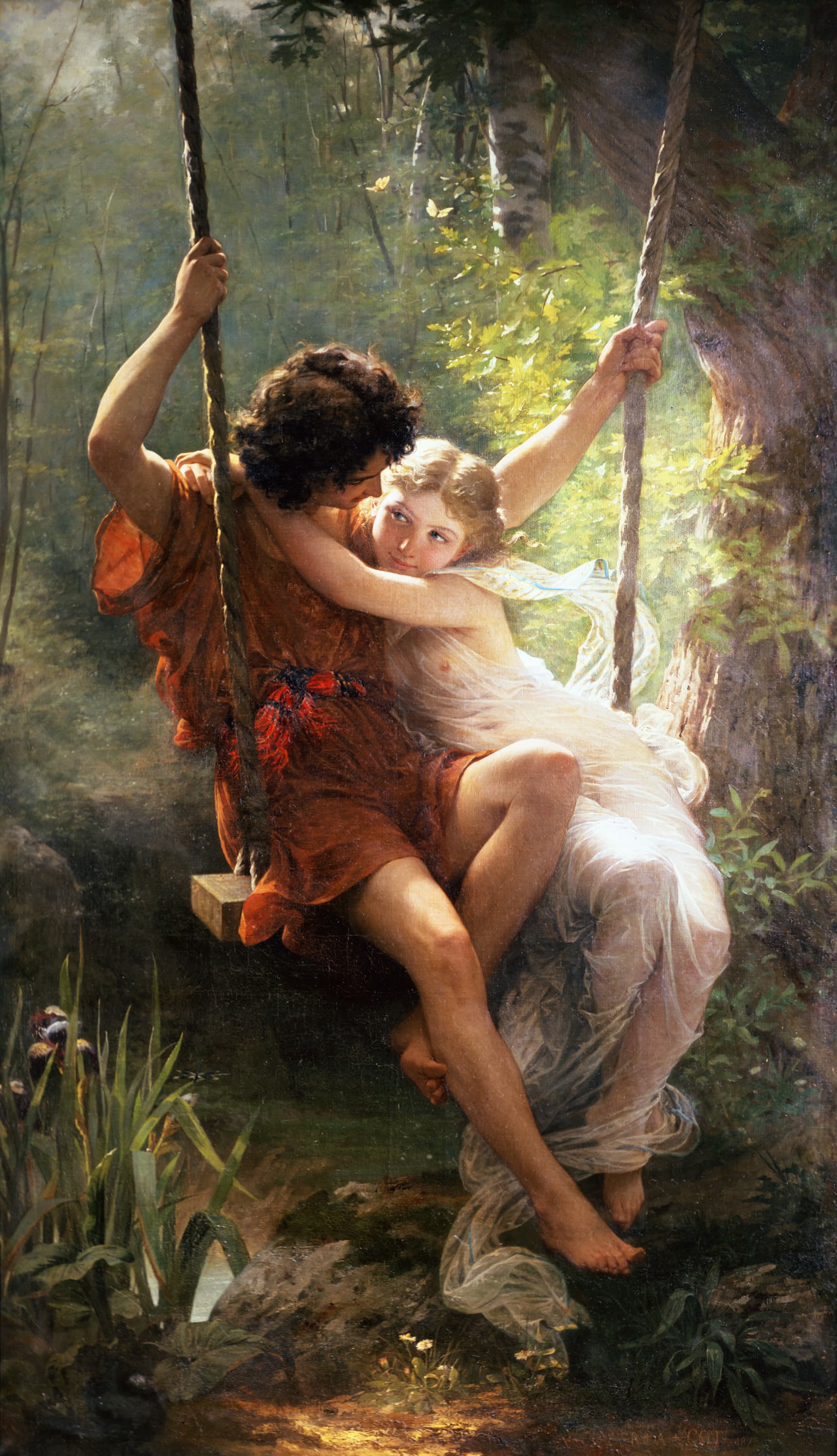 Two young lovers embracing on a swing in a lush forest, painted by Pierre-Auguste Cot